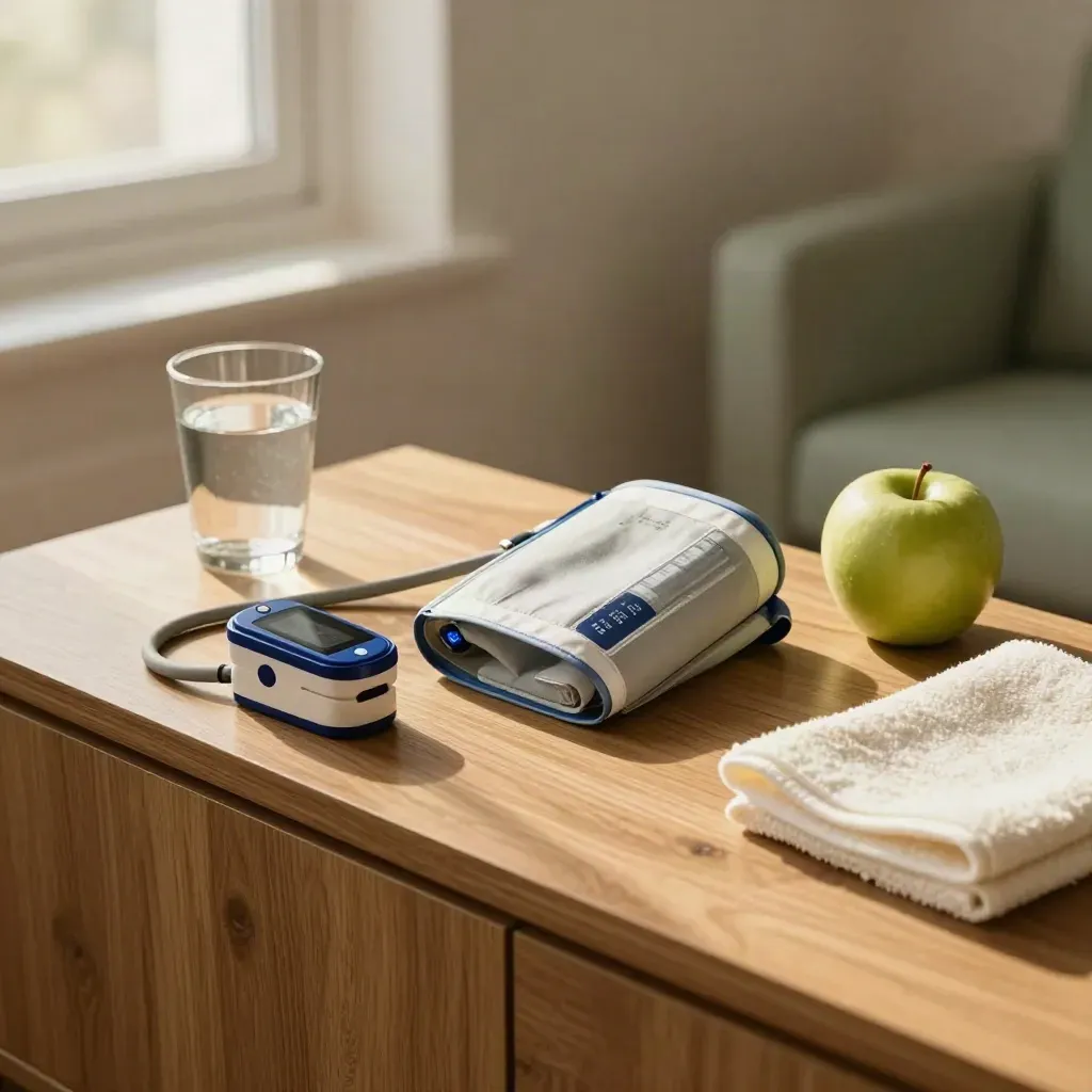Vitaliteitsscan op eiken sideboard met bloeddrukmanchet, saturatiemeter, water, appel en handdoek.