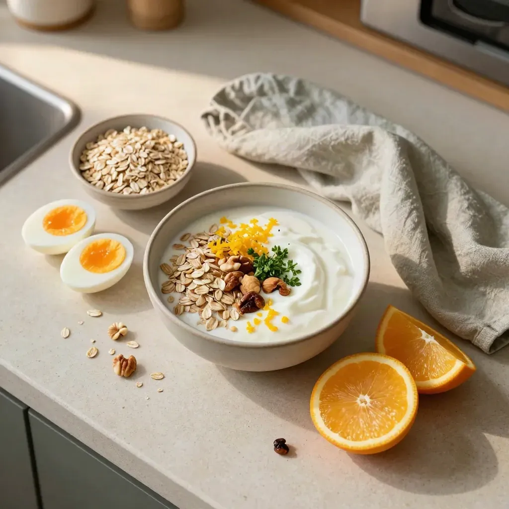 Bovenaanzicht van een gezond ontbijt met yoghurt, citrus, havermout, eieren, noten en kruiden op lichte steen.