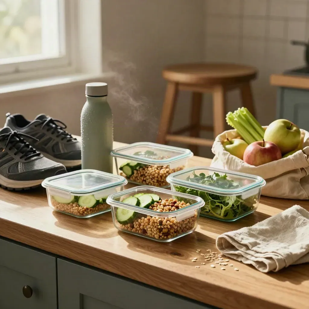 Leefstijlcoaching met maaltijdbakjes, waterfles, wandelschoenen en een linnen boodschappentas.