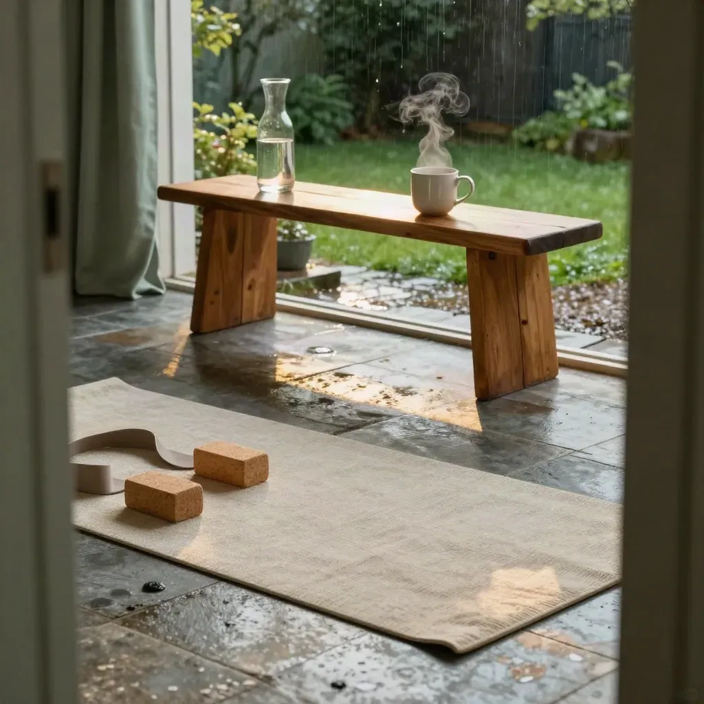 Stille vitaliteitsruimte met yogamat, kurkblokken, dampende mok en regen in de tuin.