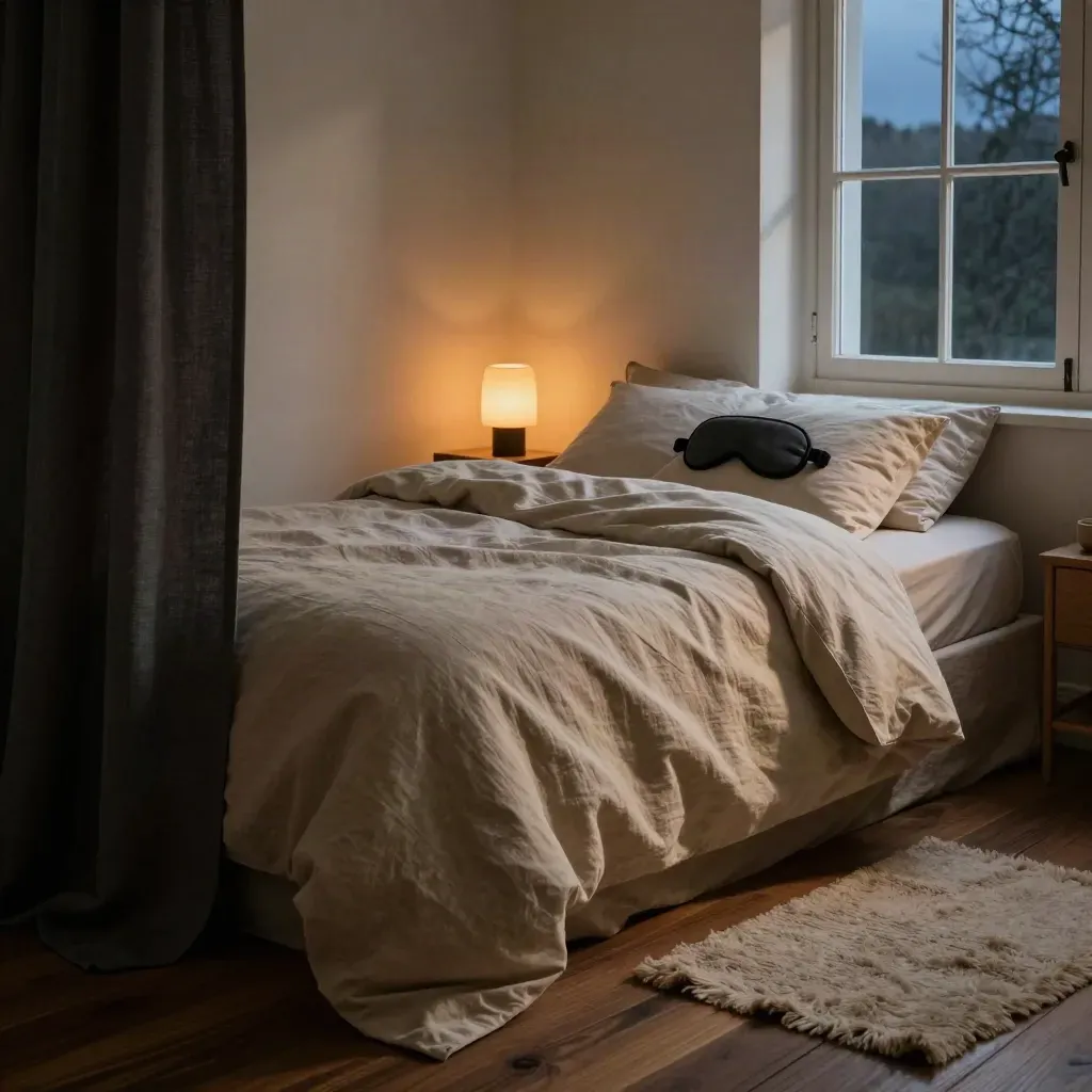 Slaaphoek met opgemaakt bed, lamplicht, gordijn en open raam in een rustige slaapkamer.