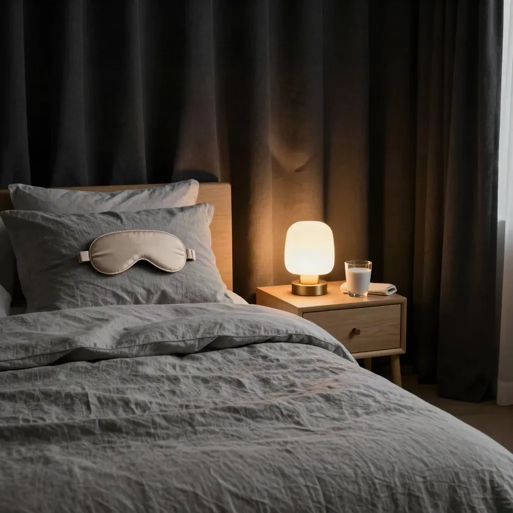 Donkere slaapkamer met opgemaakte lakens, slaapmasker en warme nachtlamp in zachte stilte.