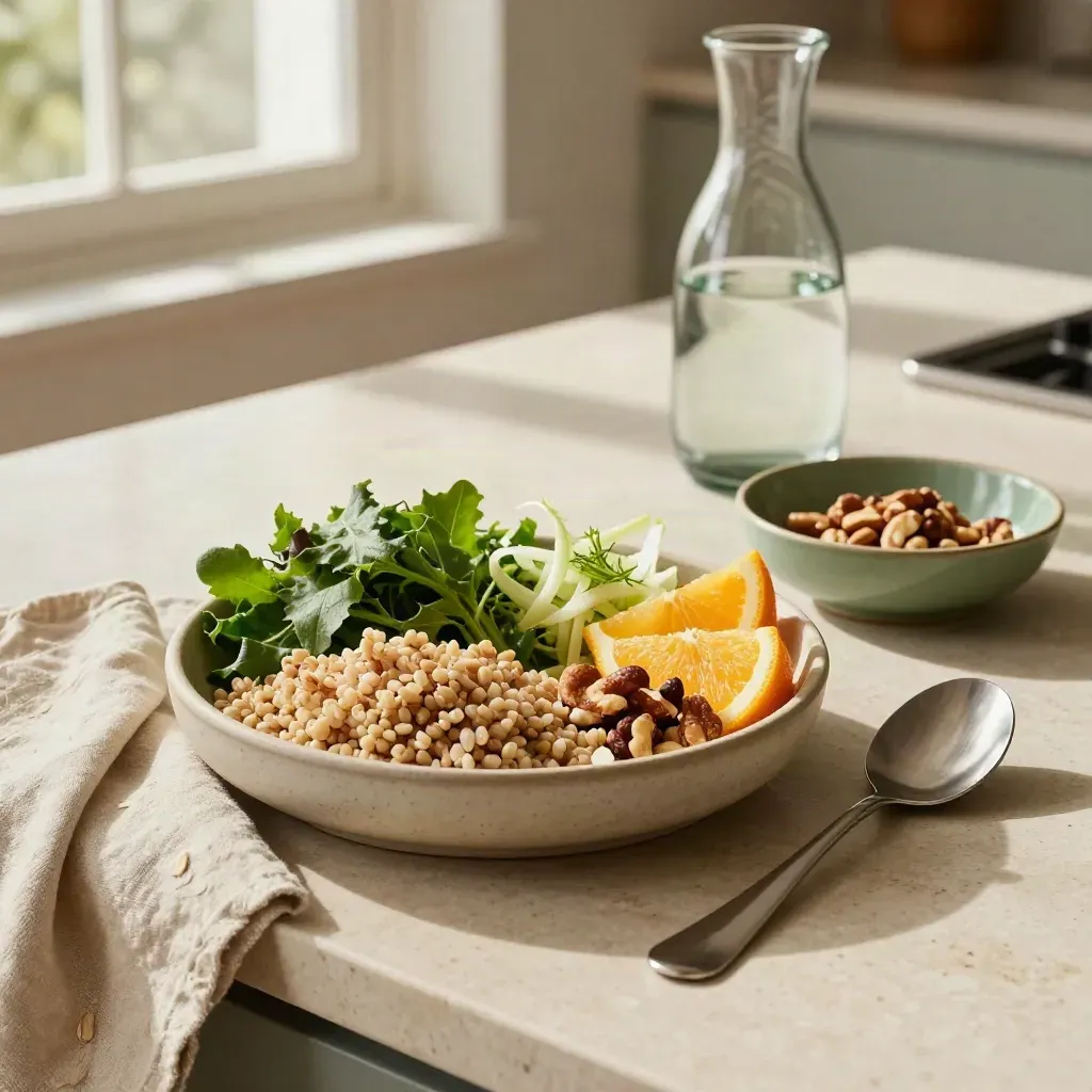 Gezonde lunch met granen, groene bladeren, citrus, noten en karaf op een lichte keukenaanrecht.