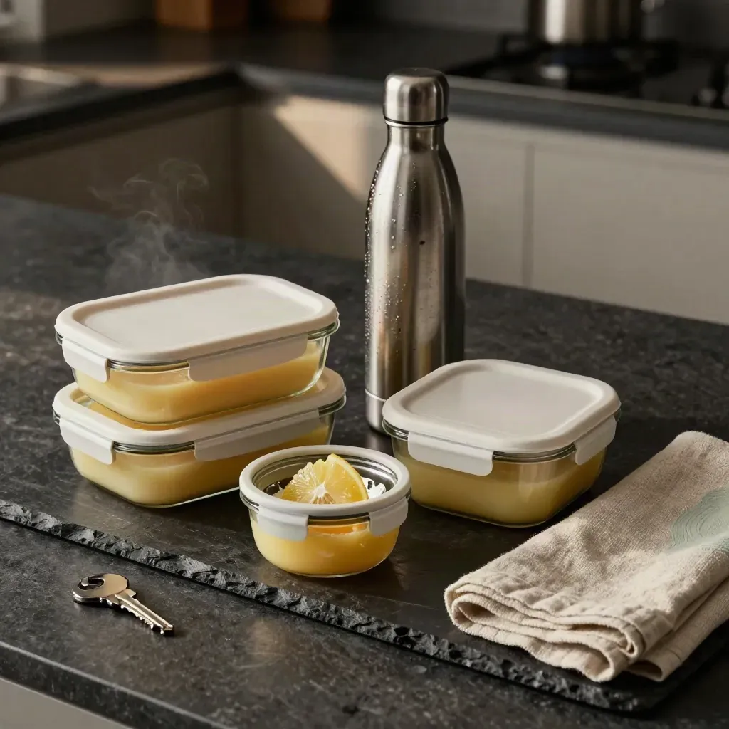 Stilleven van meal-prep bakjes, fles, citruspers en linnen doek op donkere steen.