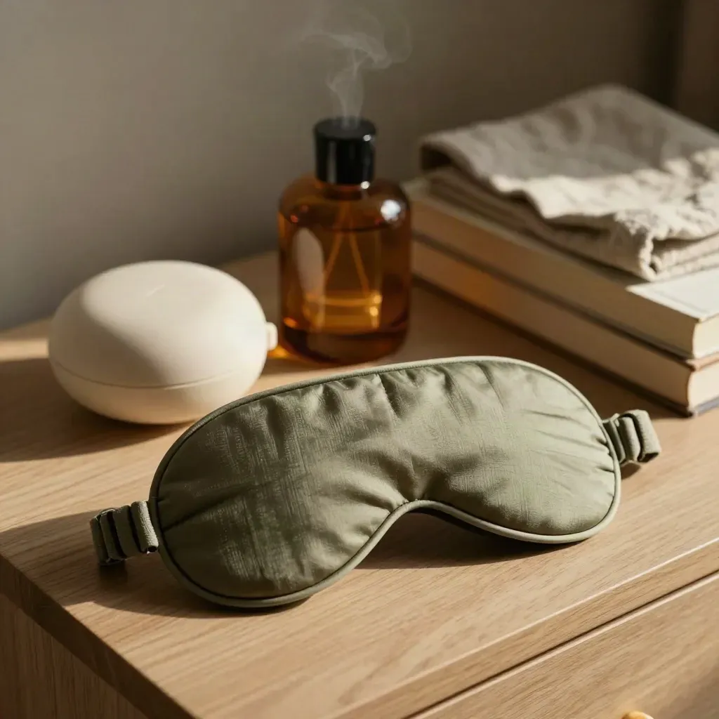Slaapmasker, oordopjes en diffuser op nachtkastje in warm, zacht licht met linnen.
