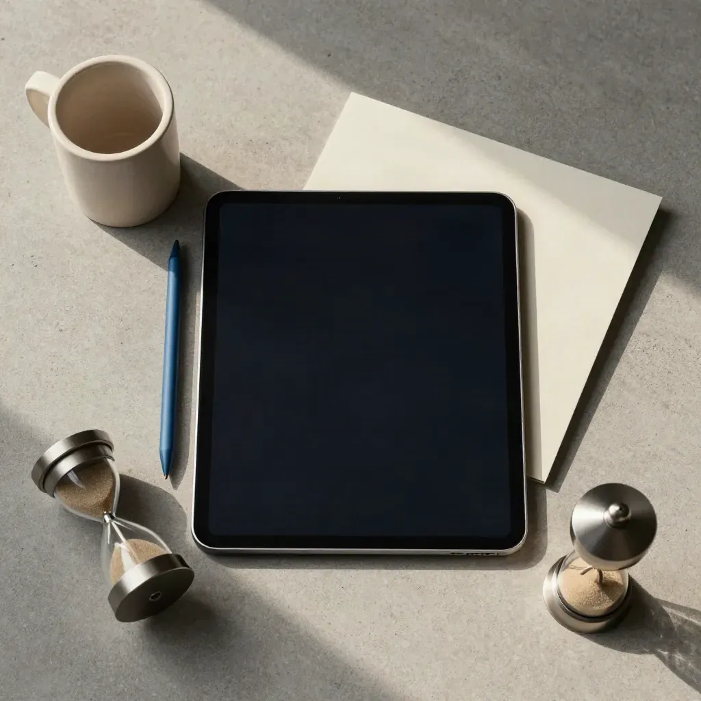 Tablet, stylus, zandloper en keramische pennenbeker op koel beton in rustige blauwgrijze tinten.