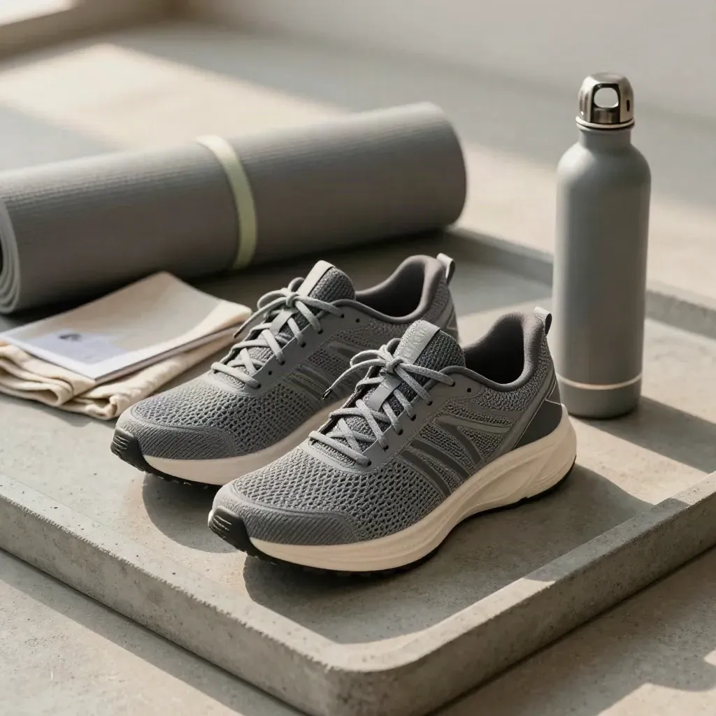Hardloopschoenen, opgerolde mat en waterfles op stenen tray met zacht ochtendlicht.
