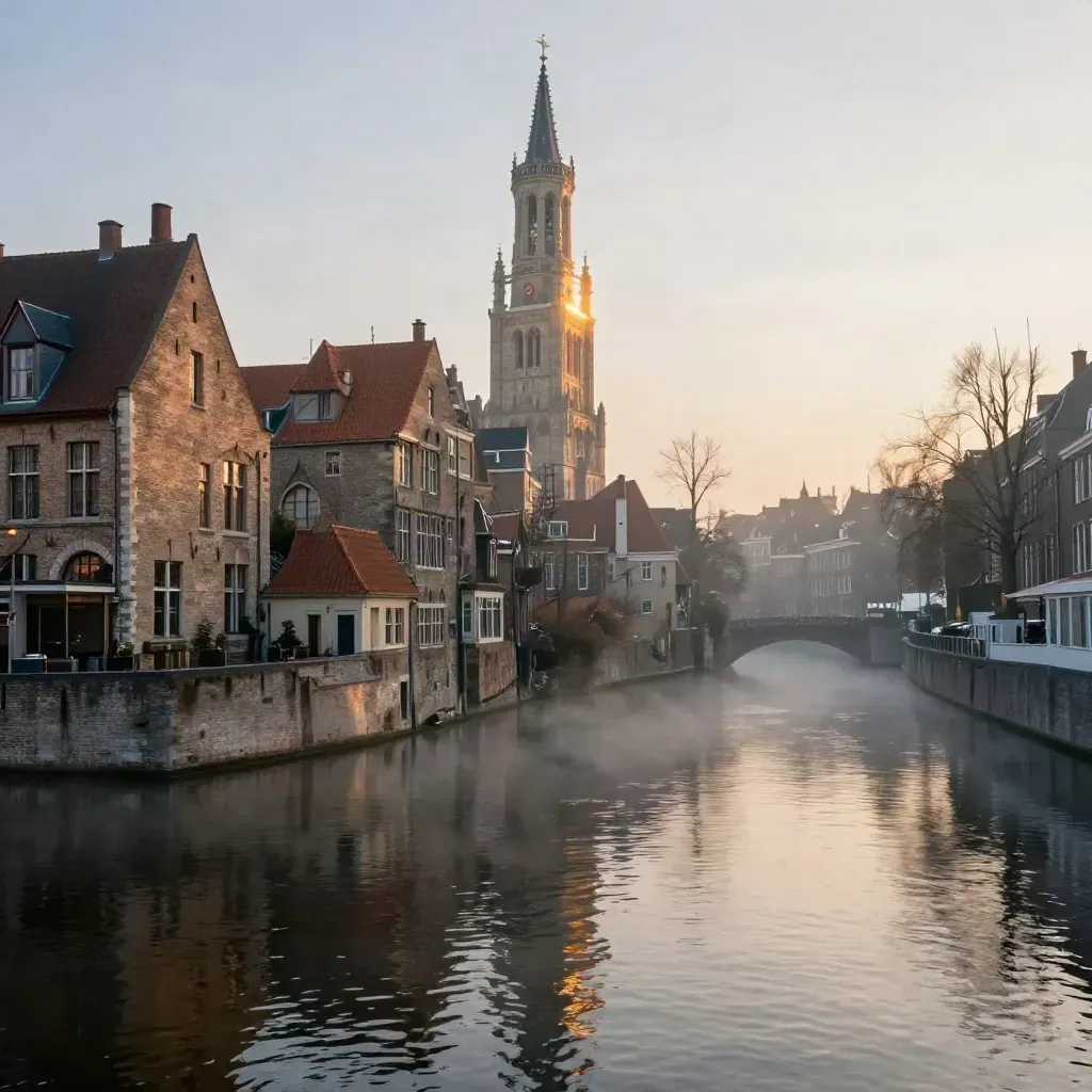 De Domtoren boven de Oudegracht in ochtendmist, met rustige waterpartij en oude gevels.