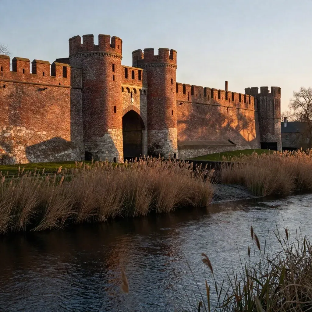 Koppelpoort en stadsmuur van Amersfoort boven stille rivier en riet in gouden avondlicht
