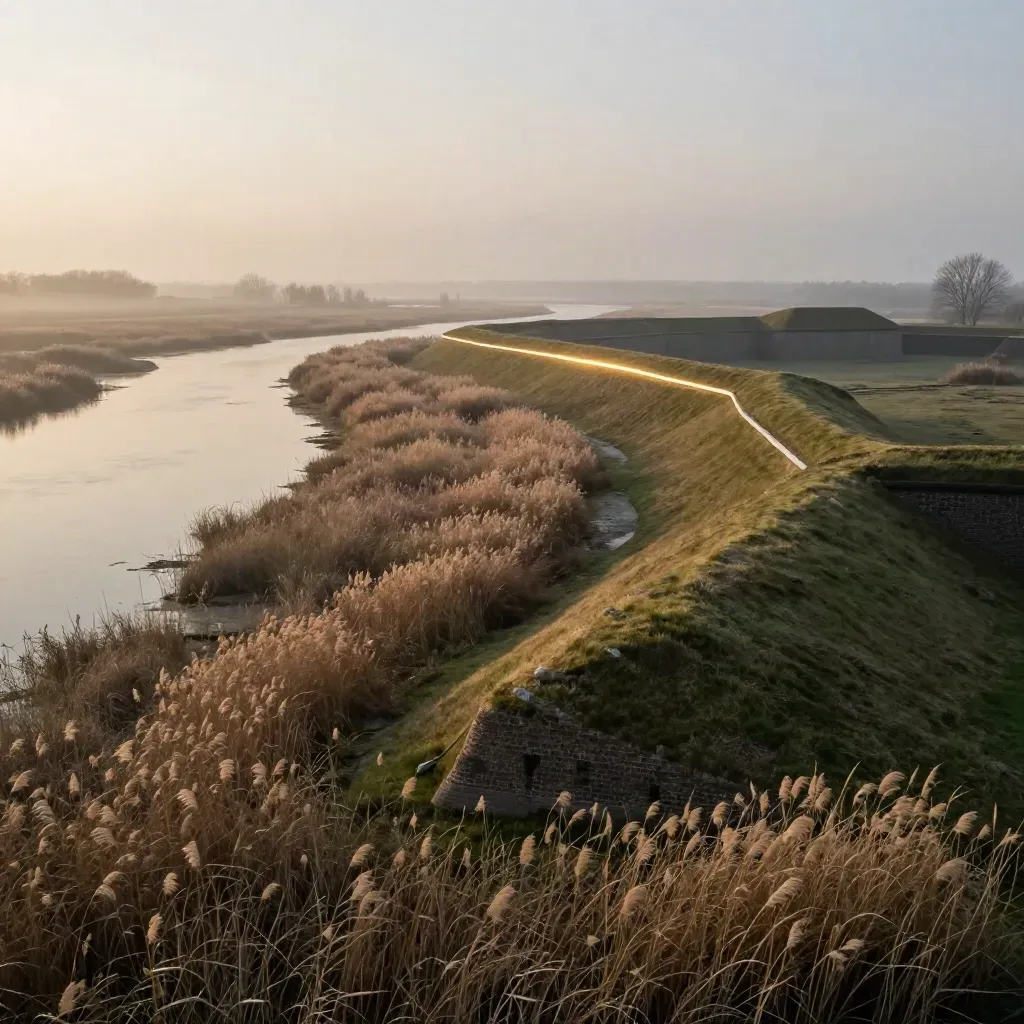 Naarden Vesting boven riet, mist en natte weiden in zacht avondlicht.
