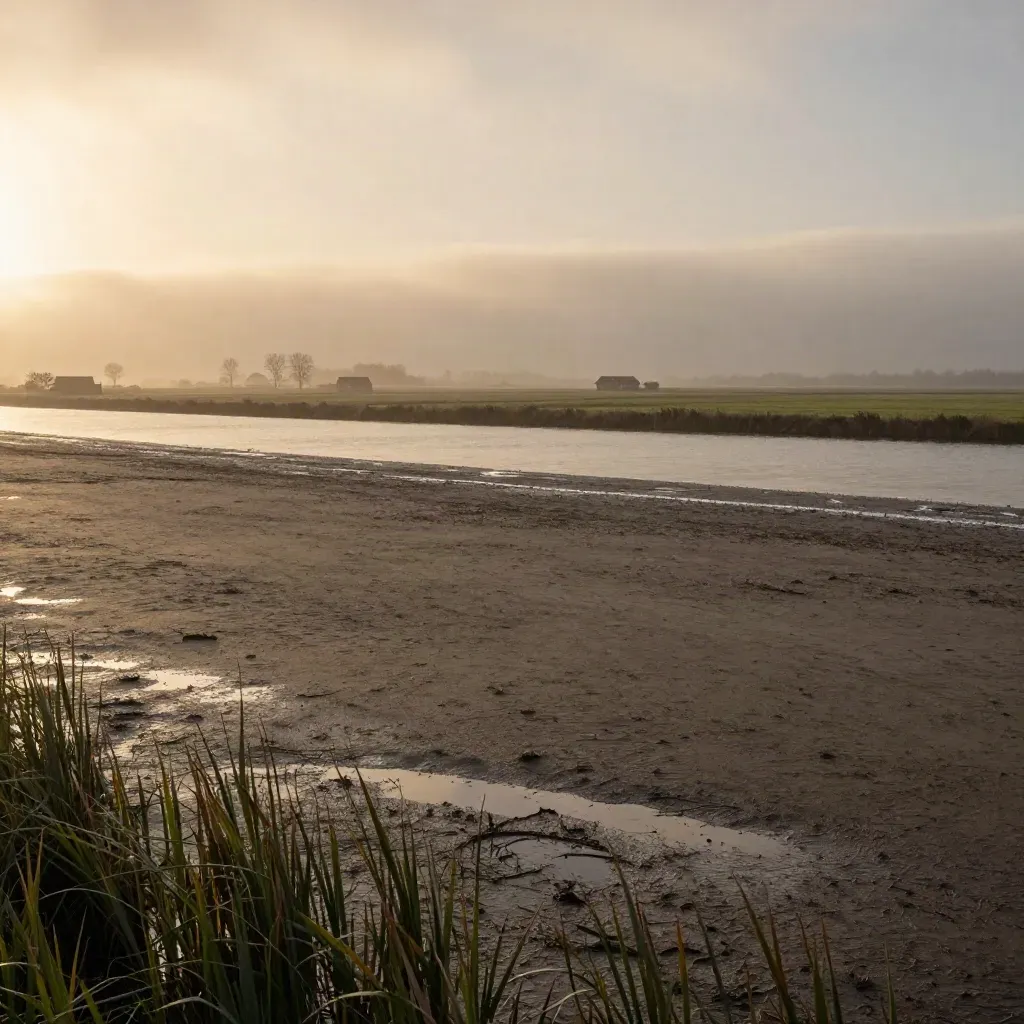Nederlandse polder bij zonsopkomst met water, boerderijen en zachte mist.